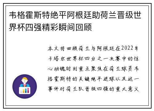 韦格霍斯特绝平阿根廷助荷兰晋级世界杯四强精彩瞬间回顾